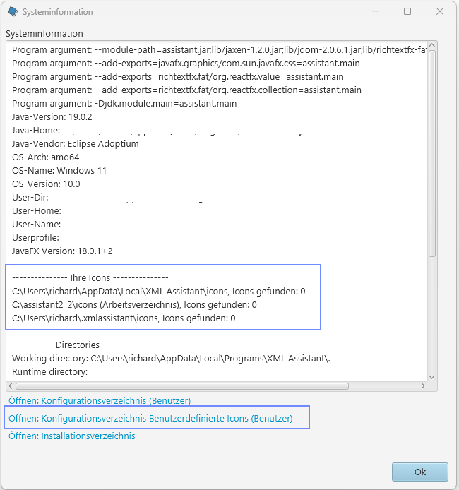 Dialog Systeminformation mit Iconverzeichnissen