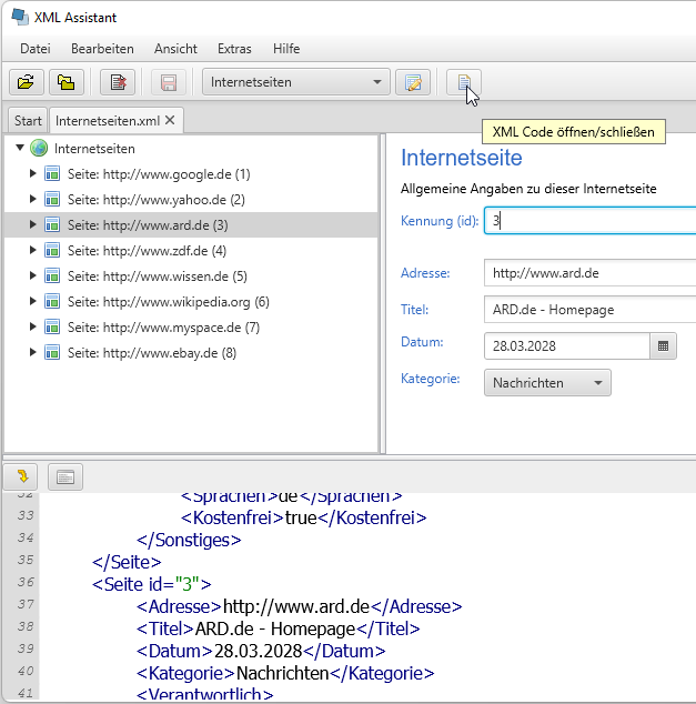 Hauptfenster mit Auswahl für XML Code