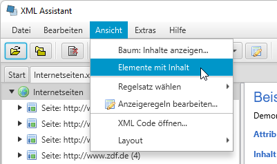 Option 'Auch Element mit Attributen/Unterelementen anzeigen'