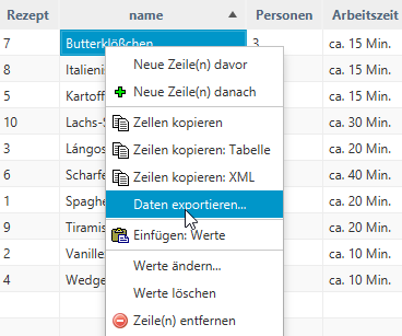 Tab Daten exportieren