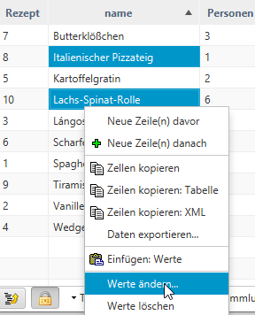 Kontextmenü für Tabelle